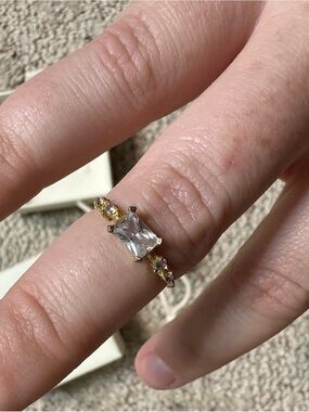 Caitlyn Minimalist Gold Crystal Square-Cut Ring with Side Accent Stones